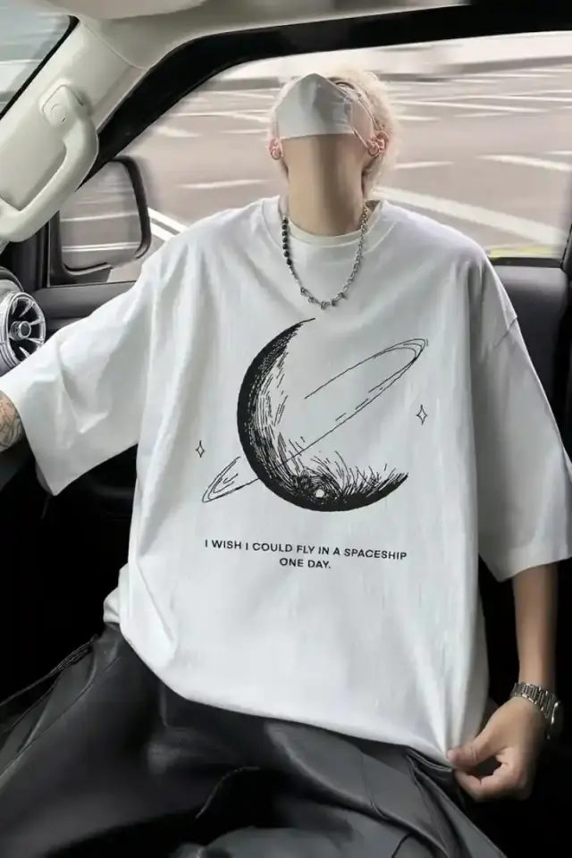 Erkek Baskılı Tişört Kısa Kol Bisiklet Yaka Oversize T-Shirt - Beyaz