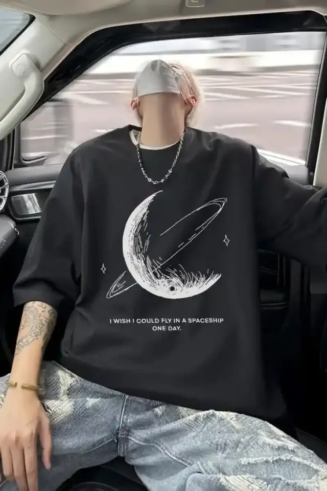 Erkek Baskılı Tişört Kısa Kol Bisiklet Yaka Oversize T-Shirt - - Siyah