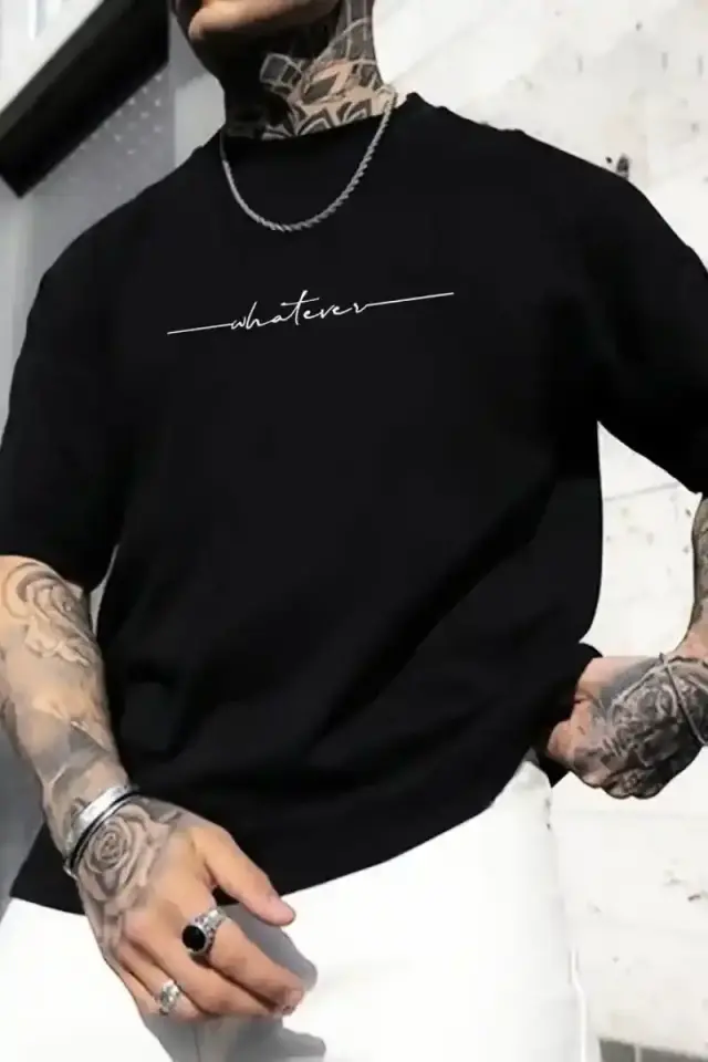 Erkek Baskılı T-Shirt Kısa Kol Bisiklet Yaka Regular Fit Yazlık Tişört - Siyah