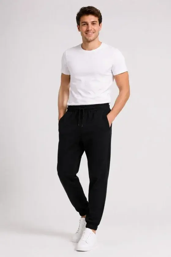 Erkek İki İplik Beli Lastikli Bağcıklı Regular Fit Jogger Eşofman Altı - Siyah