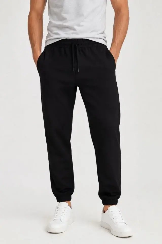 Erkek İki İplik Beli Lastikli Bağcıklı Regular Fit Jogger Eşofman Altı - Siyah