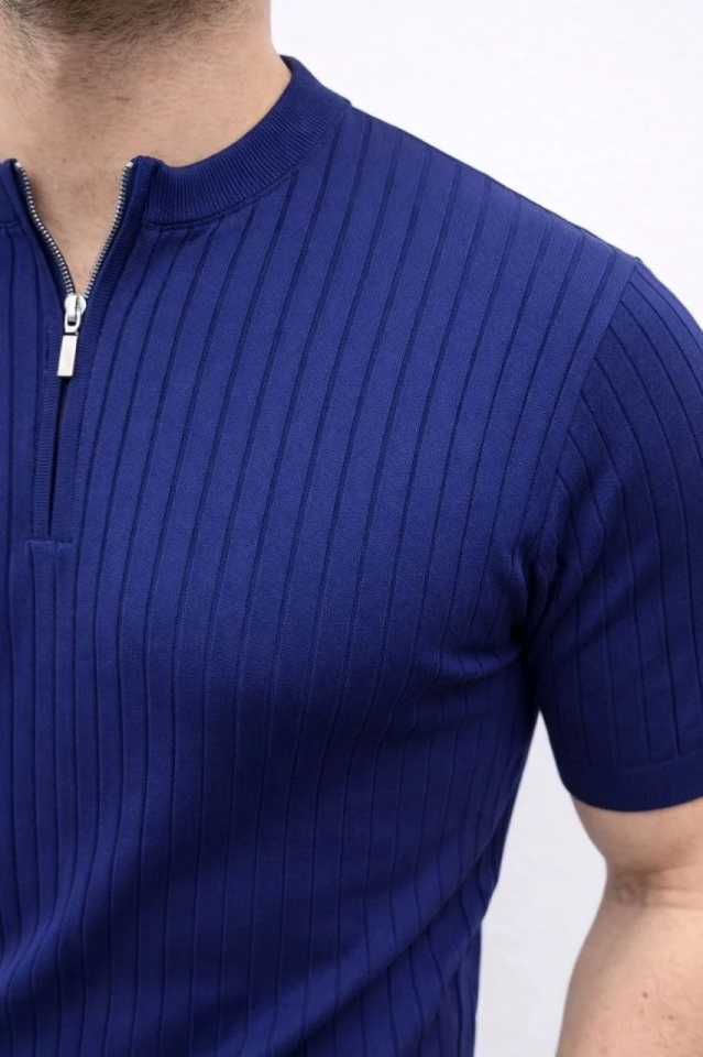 Erkek Kısa Kol Fitilli Triko T-Shirt Yazlık Hakim Yaka Tişört - Lacivert
