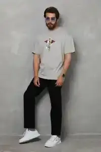 Erkek Baskılı T-Shirt Kısa Kol Bisiklet Yaka Regular Fit Rahat Kalıp Tişört -  Gri