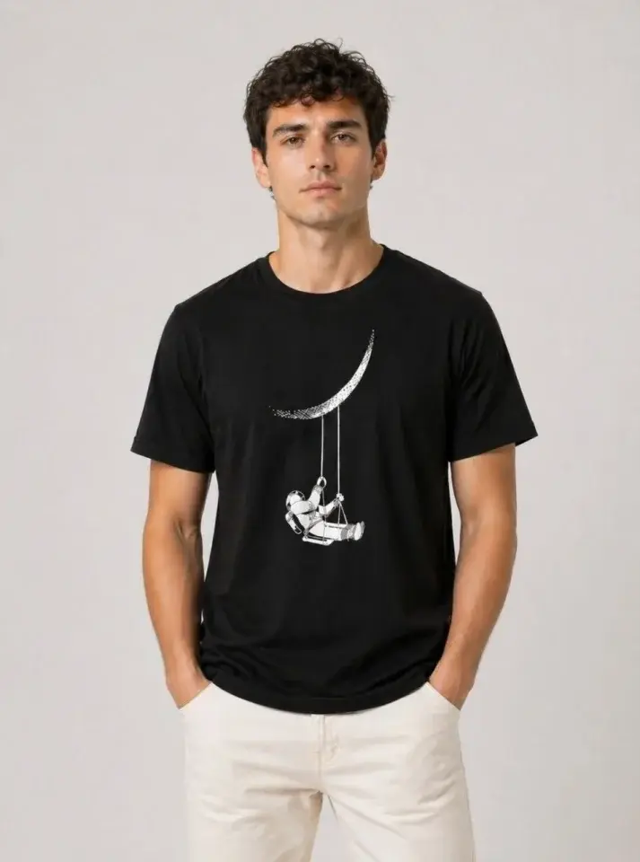 Erkek Astronot Ay Temalı Tişört Kısa Kol Yazlık Bisiklet Yaka T-Shirt - Siyah