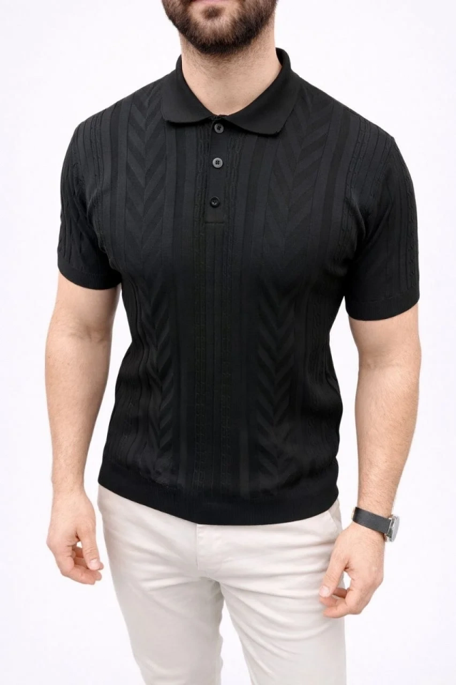 Erkek Yazlık Triko Tişört Kısa Kol Polo Yaka Düğmeli T-Shirt - Siyah
