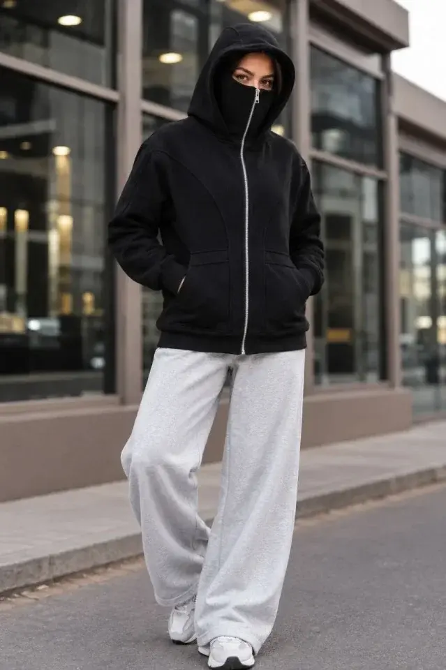 Maskeli Ninja Model Çift Kapüşonlu 3 İplik Şardonlu Fermuarlı Oversize Sweatshirt - Siyah
