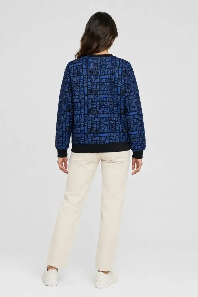 Siyah Mavi Yazı Desenli İki İplik Şardonlu Sweatshirt