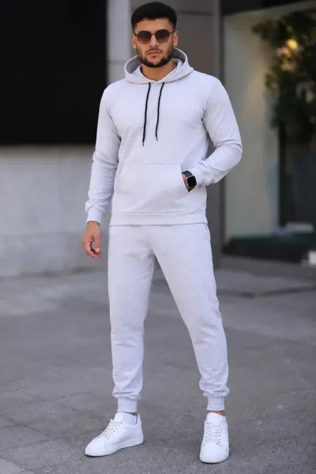 Erkek İki İplik Kapüşonlu Kanguru Cepli Sweatshirt Jogger Pantolon Alt Üst Eşofman Takımı -Beyaz