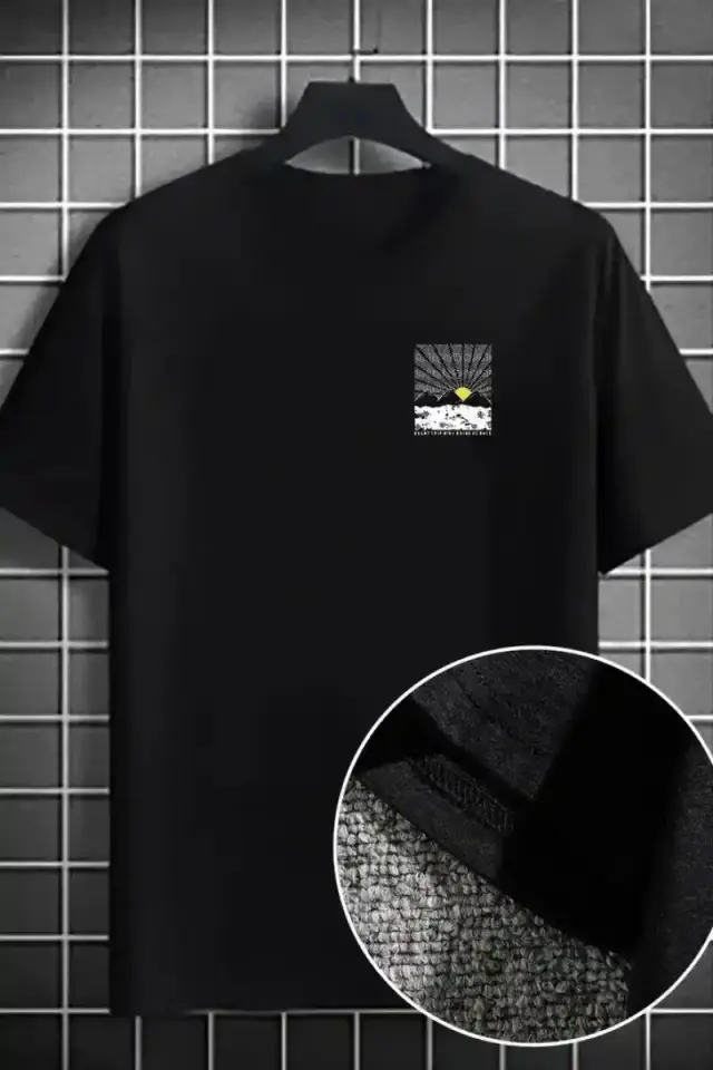 Erkek Tişört Dağ Grafikli Kısa kollu Yazlık T-shirt - Siyah