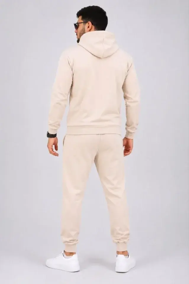 Erkek İki İplik Kapüşonlu Kanguru Cepli Sweatshirt Jogger Pantolon Alt Üst Eşofman Takımı -Bej