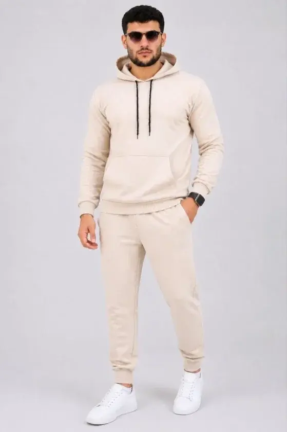 Erkek İki İplik Kapüşonlu Kanguru Cepli Sweatshirt Jogger Pantolon Alt Üst Eşofman Takımı -Bej