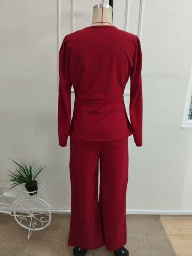 Kadın Uzun Kollu Kruvaze Yakalı Yan Tarafı Taşlı Ithal Krep Bluz Ve Pantolon Ikili Takım
