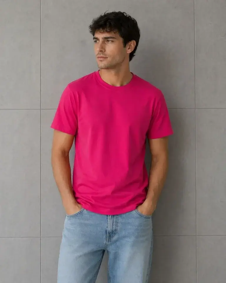 Erkek Basic Pamuklu Tişört Bisiklet Yaka Düz Renk Regular Fit T-Shirt - Fuşya