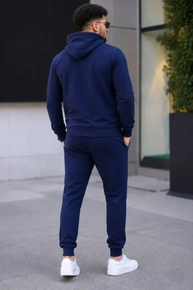 Erkek İki İplik Kapüşonlu Kanguru Cepli Sweatshirt Jogger Pantolon Alt Üst Eşofman Takımı - Lacivert