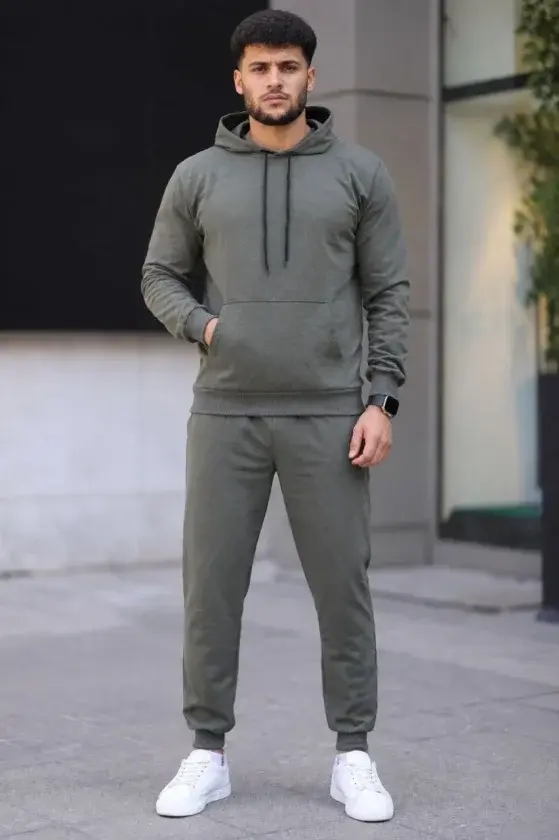 Erkek İki İplik Kapüşonlu Kanguru Cepli Sweatshirt Jogger Pantolon Alt Üst Eşofman Takımı - Haki