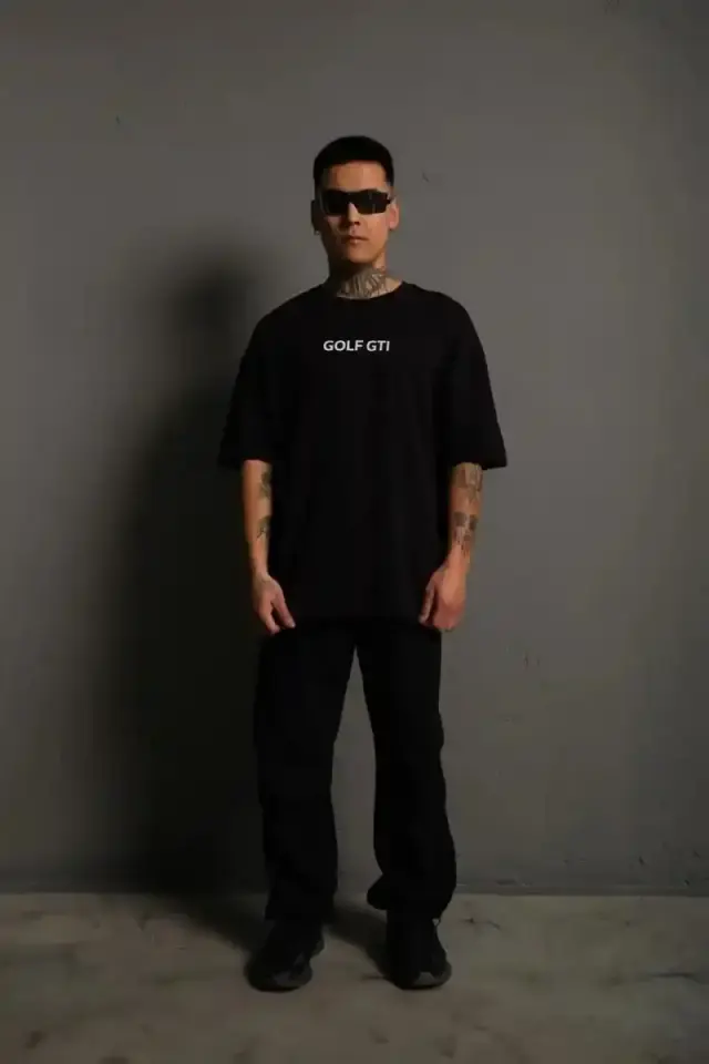 Erkek Oversize Tişört Golf GTI Retro Araba Baskılı T-shirt - Siyah