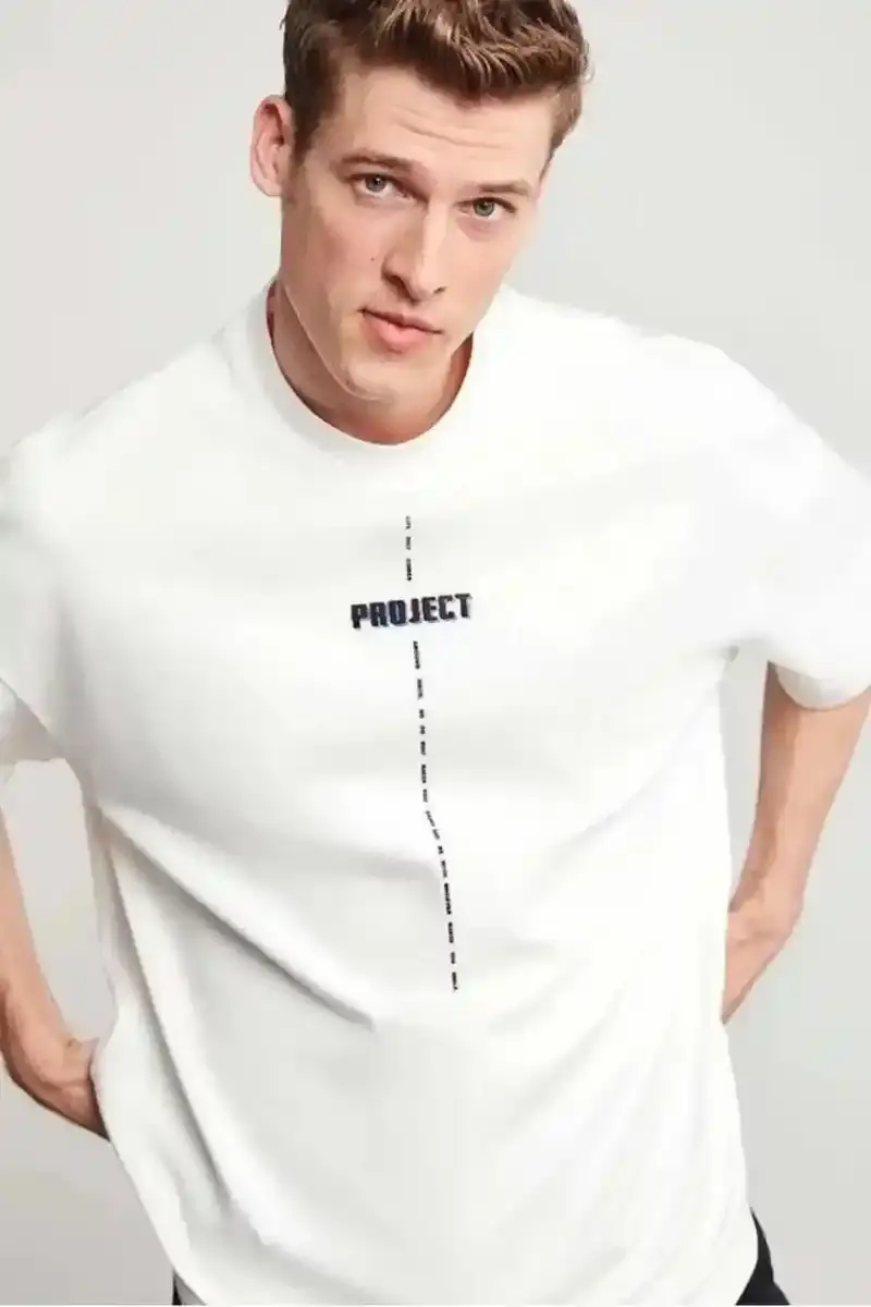 Erkek Kısa Kol Yazlık Tişört Bisiklet Yaka Baskılı Oversize T-Shirt - Beyaz