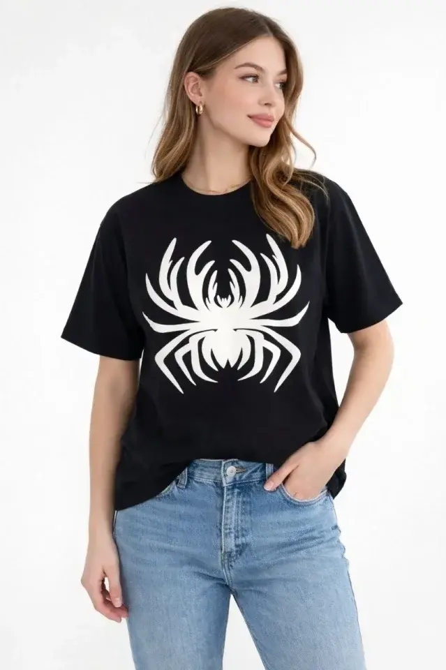 Örümcek Baskılı Tişört Kısa Kollu Bisiklet Yaka T-Shirt - Siyah