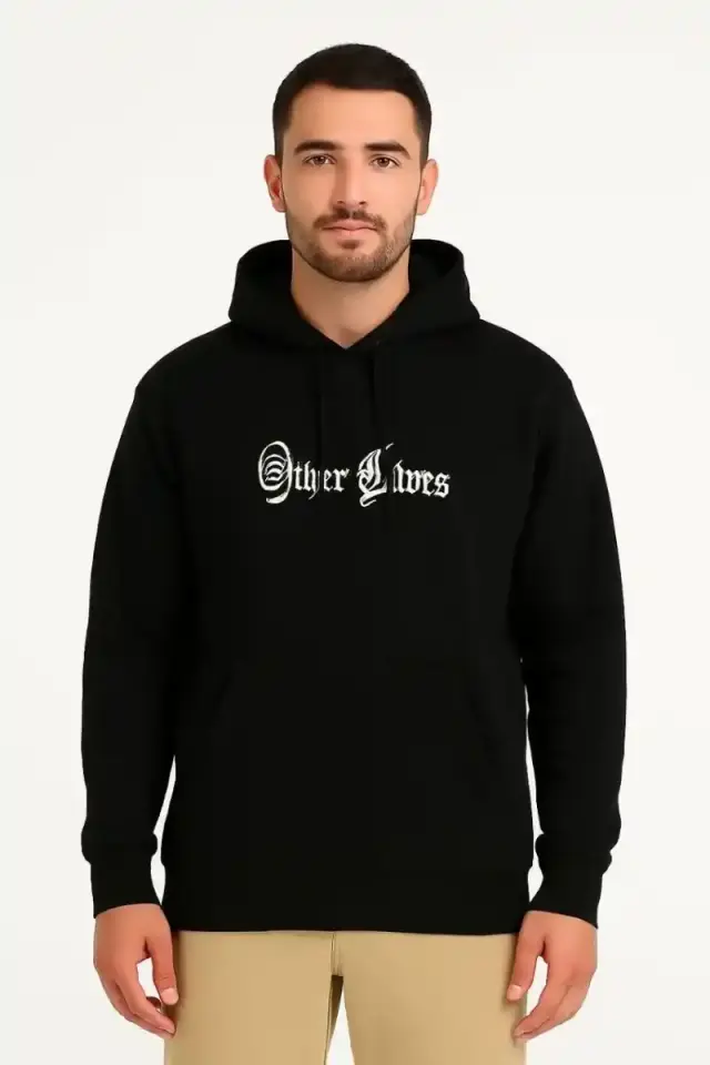 Erkek Kapüşonlu Kanguru Cepli Sweatshirt 3 İplik Pamuklu Baskılı Hoodie - Siyah