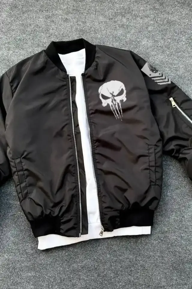 ERKEK Siyah Askeri Tarz Bomber Mont Punisher Skull Detaylı Fermuarlı Cepli - Siyah