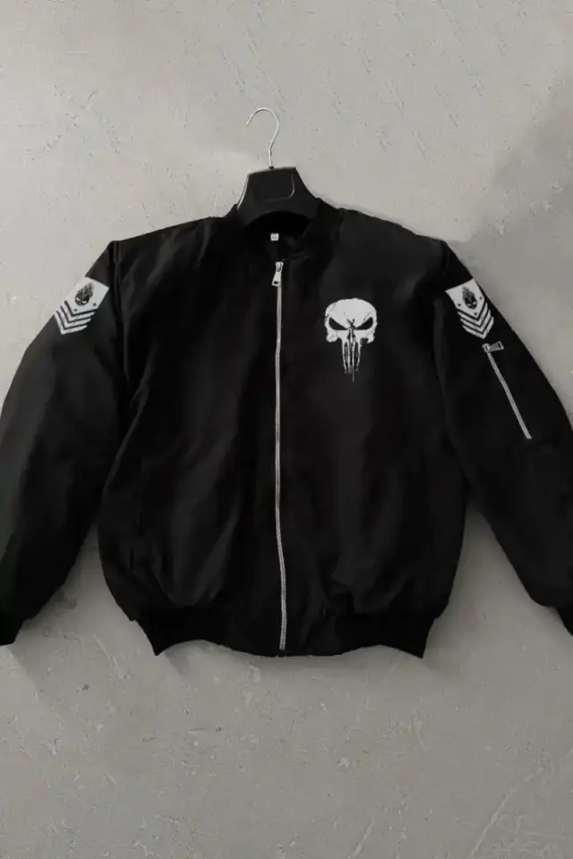 ERKEK Siyah Askeri Tarz Bomber Mont Punisher Skull Detaylı Fermuarlı Cepli - Siyah
