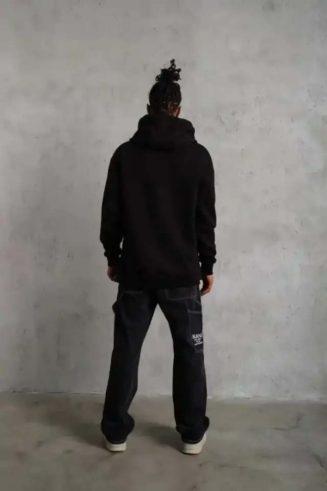 Erkek 3 İplik Pamuklu Kapüşonlu Cepli Düz Hoodie Sweatshirt - Siyah