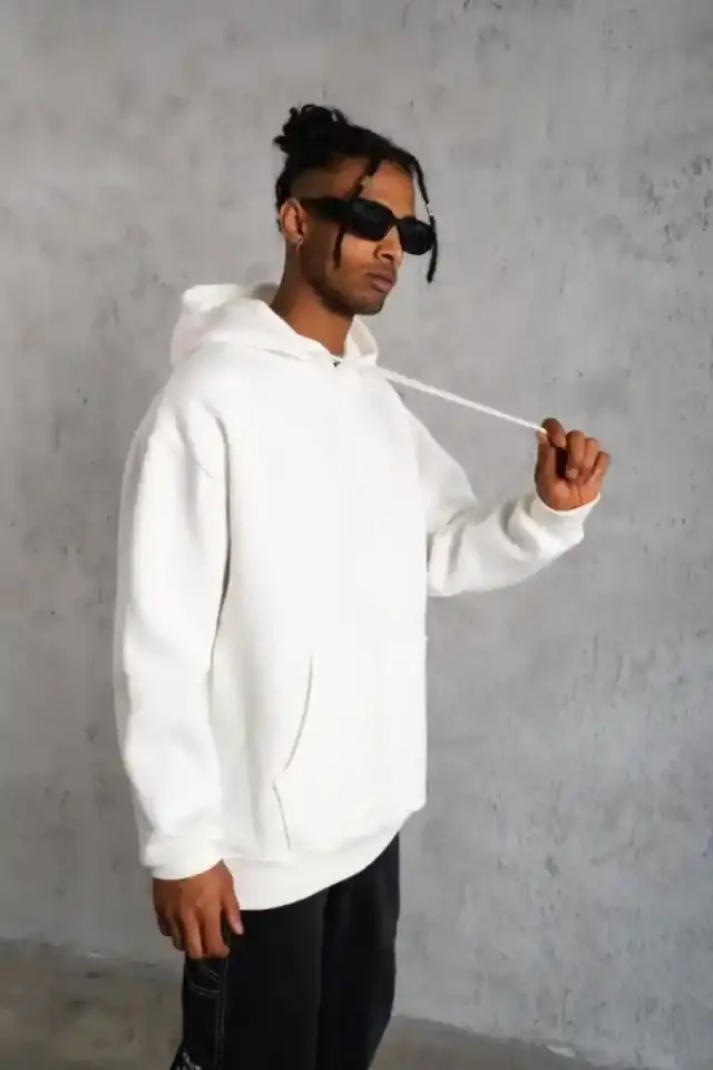 Erkek 3 İplik Pamuklu Kapüşonlu Cepli Düz Hoodie Sweatshirt - Beyaz