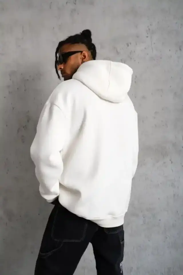 Erkek 3 İplik Pamuklu Kapüşonlu Cepli Düz Hoodie Sweatshirt - Beyaz