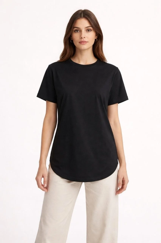 Kadın Basic T-Shirt Kısa Kol Bisiklet Yaka Oval Kesim Tişört - Siyah