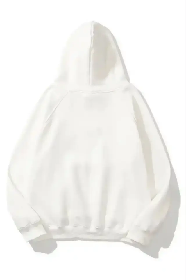 Kadın Kapüşonlu Kanguru Cepli 3 İplik Pamuklu Düz Hoodie Sweatshirt - Beyaz