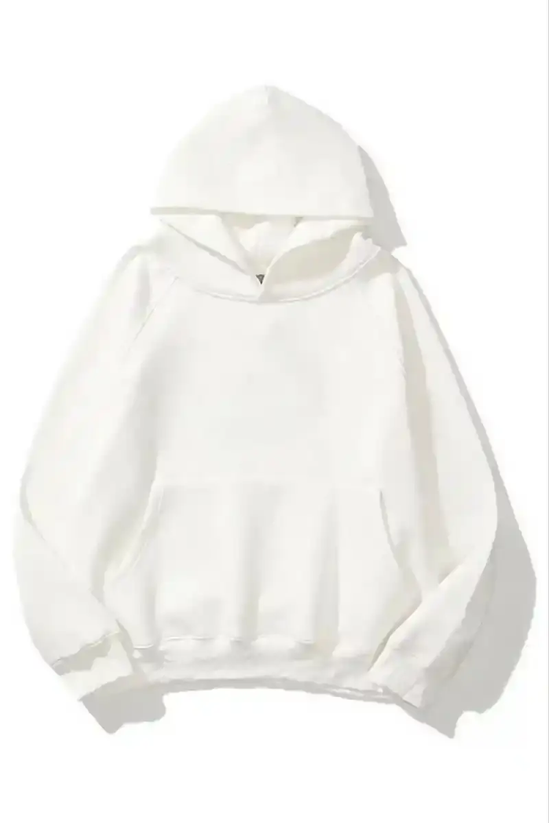 Kadın Kapüşonlu Kanguru Cepli 3 İplik Pamuklu Düz Hoodie Sweatshirt - Beyaz