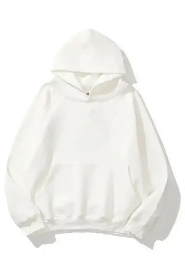 Kadın Kapüşonlu Kanguru Cepli 3 İplik Pamuklu Düz Hoodie Sweatshirt - Beyaz