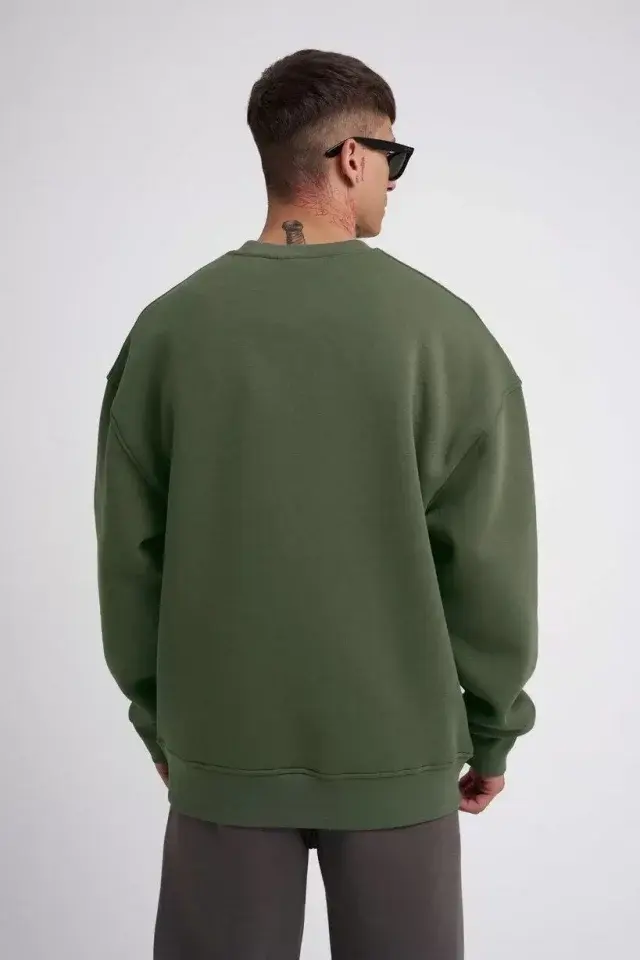 Unisex Biskilet Yaka Üç İplik SweatShirt - Haki