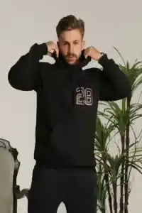 Erkek 3 İplik Pamuklu Kapüşonlu Baskılı Cepli Oversize Sweatshirt Hoodie - Siyah