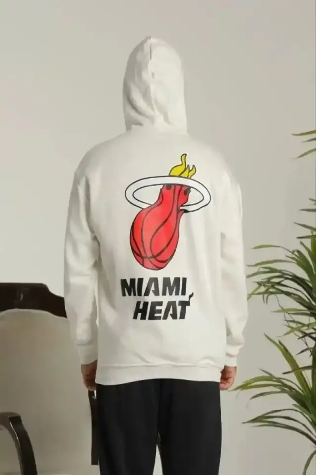 Erkek 3 İplik Pamuklu Kapüşonlu Baskılı Cepli Oversize Sweatshirt Hoodie - Beyaz