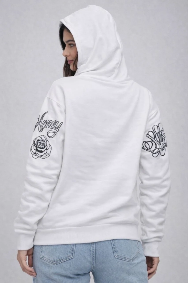 Kadın 3 İplik Pamuklu Kapüşonlu Baskılı SweatShirt hoodie - Beyaz