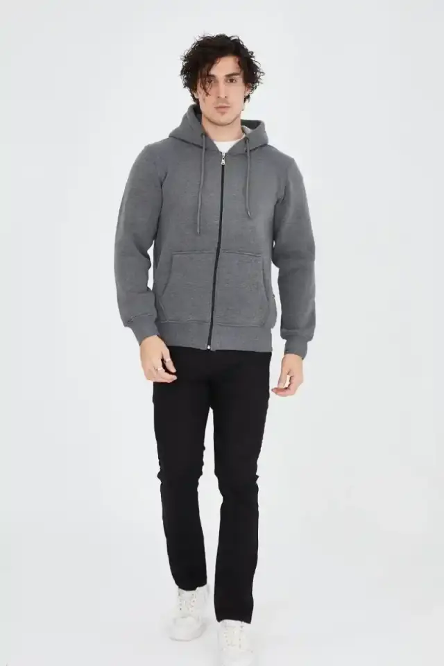 Erkek 3 İplik Pamuklu Kapüşonlu Tam Fermuarlı Cepli Hoodie Sweatshirt - Füme