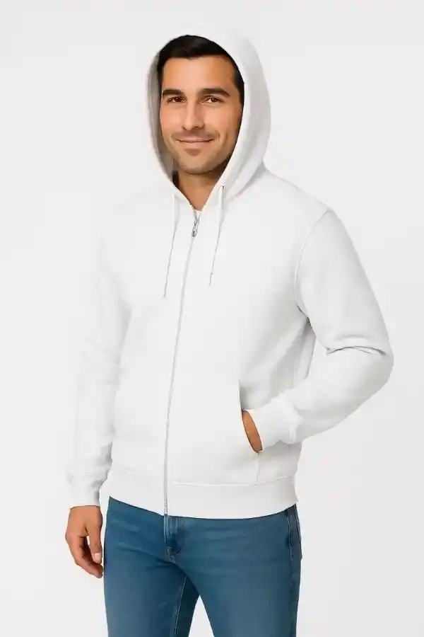 Erkek 3 İplik Pamuklu Kapüşonlu Tam Fermuarlı Cepli Hoodie Sweatshirt - Beyaz