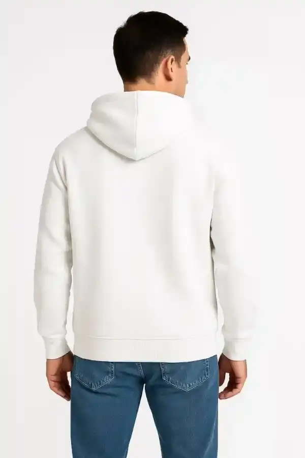 Erkek 3 İplik Pamuklu Kapüşonlu Tam Fermuarlı Cepli Hoodie Sweatshirt - Beyaz
