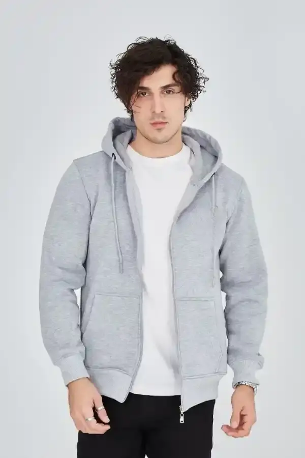 Erkek 3 İplik Pamuklu Kapüşonlu Tam Fermuarlı Cepli Hoodie Sweatshirt - Gri