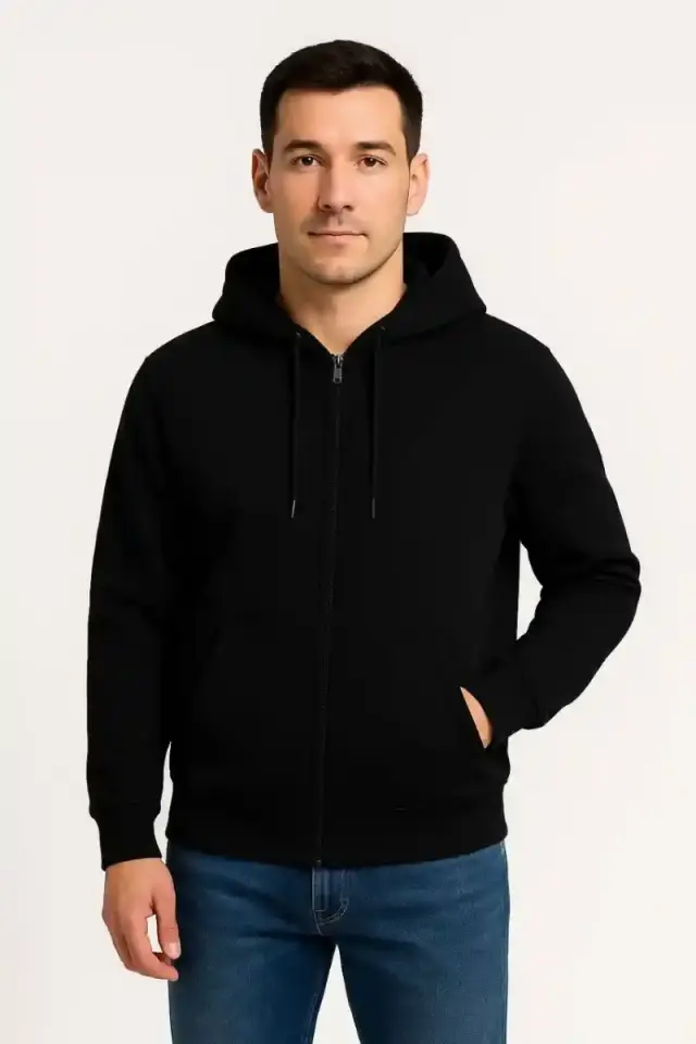 Erkek 3 İplik Pamuklu Kapüşonlu Tam Fermuarlı Cepli Hoodie Sweatshirt - Siyah