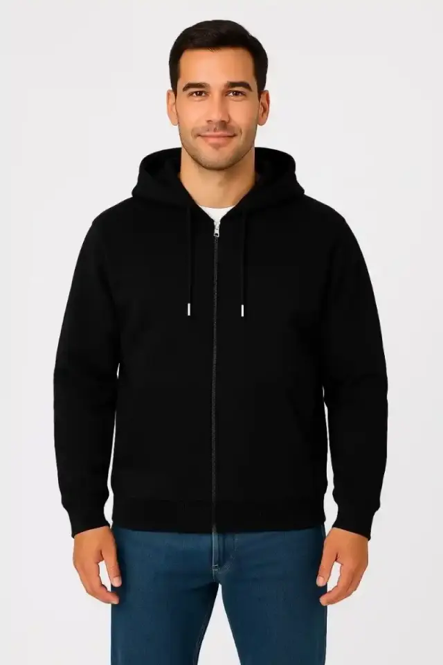 Erkek 3 İplik Pamuklu Kapüşonlu Tam Fermuarlı Cepli Hoodie Sweatshirt - Siyah
