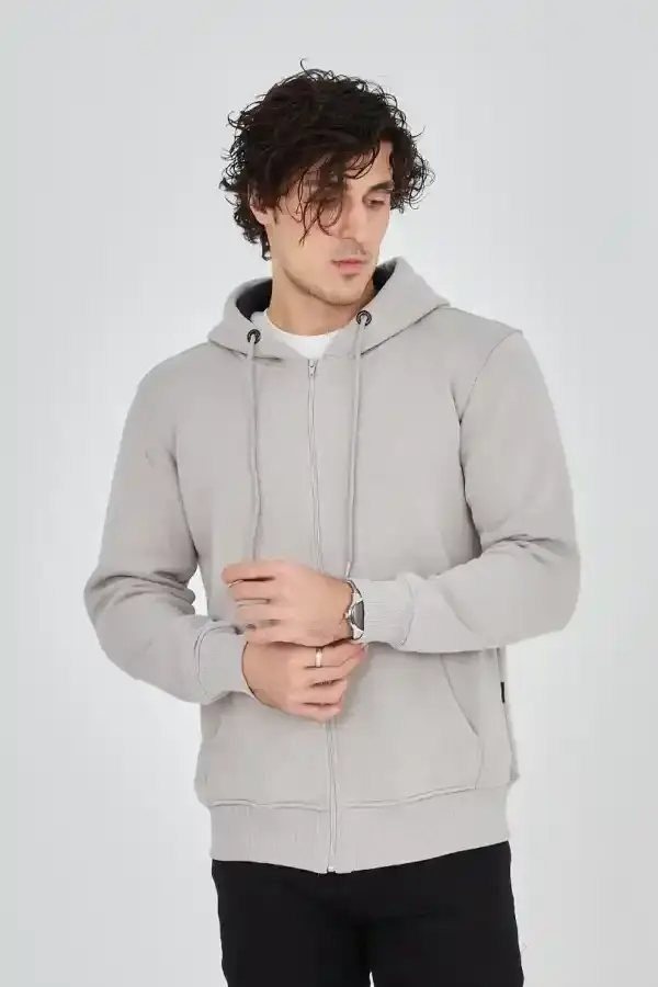 Erkek 3 İplik Pamuklu Kapüşonlu Tam Fermuarlı Cepli Hoodie Sweatshirt - Boyalı Gri