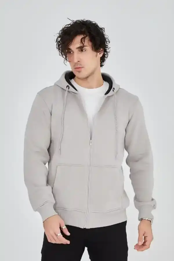 Erkek 3 İplik Pamuklu Kapüşonlu Tam Fermuarlı Cepli Hoodie Sweatshirt - Boyalı Gri