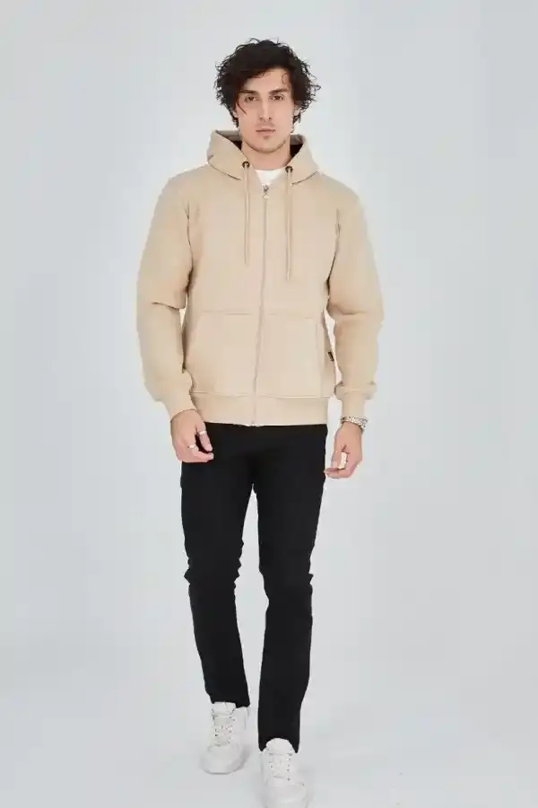 Erkek 3 İplik Pamuklu Kapüşonlu Tam Fermuarlı Cepli Hoodie Sweatshirt - Bej