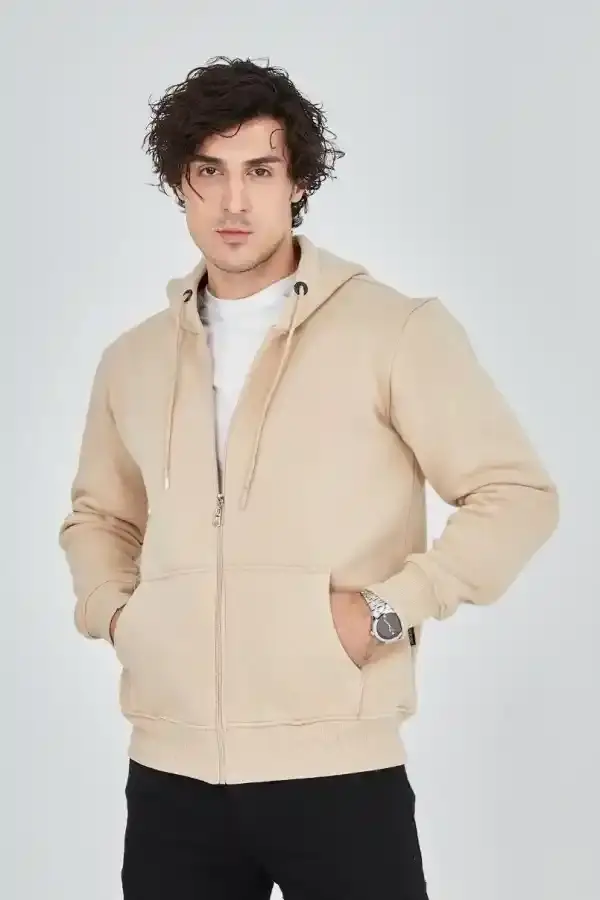 Erkek 3 İplik Pamuklu Kapüşonlu Tam Fermuarlı Cepli Hoodie Sweatshirt - Bej