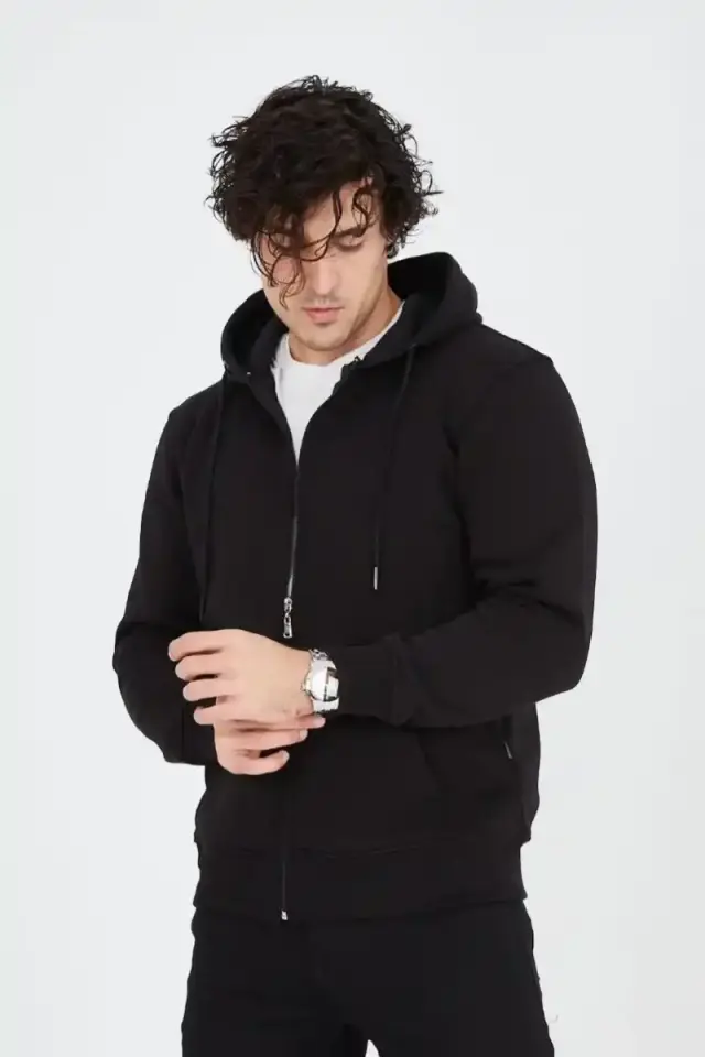 Erkek 3 İplik Pamuklu Kapüşonlu Tam Fermuarlı Cepli Hoodie Sweatshirt - Siyah