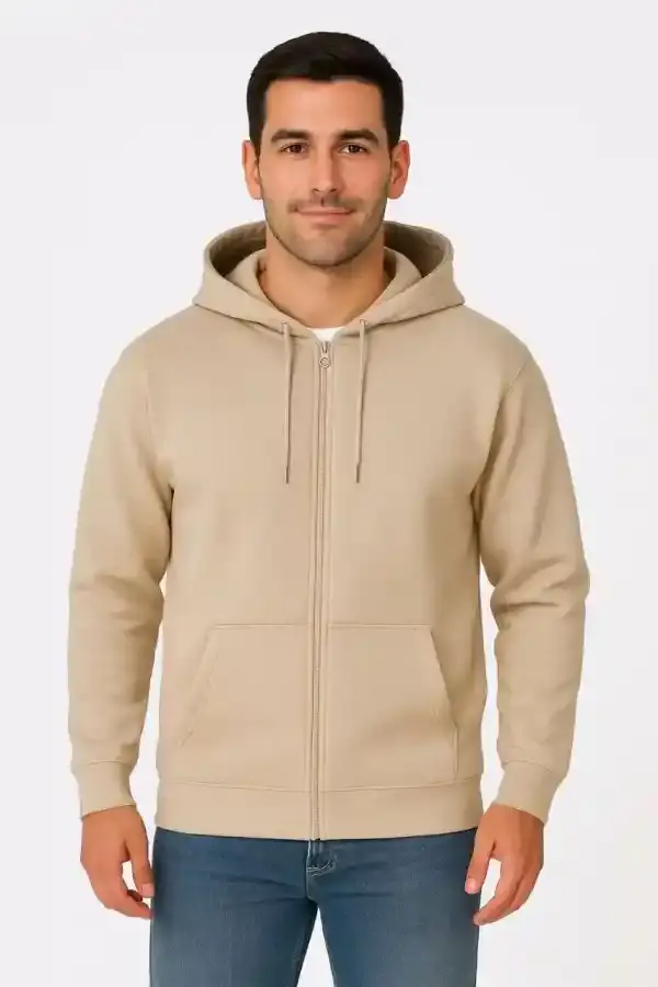 Erkek 3 İplik Pamuklu Kapüşonlu Tam Fermuarlı Cepli Hoodie Sweatshirt - Bej