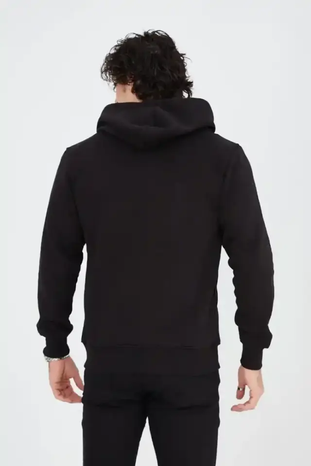 Erkek 3 İplik Pamuklu Kapüşonlu Tam Fermuarlı Cepli Hoodie Sweatshirt - Siyah