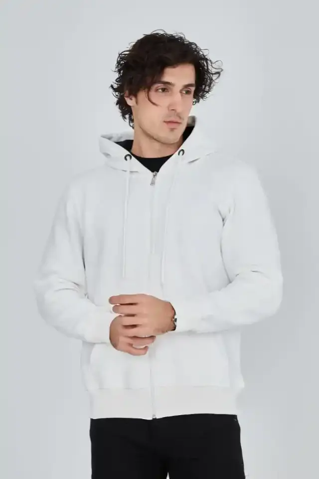 Erkek 3 İplik Pamuklu Kapüşonlu Tam Fermuarlı Cepli Hoodie Sweatshirt - Beyaz